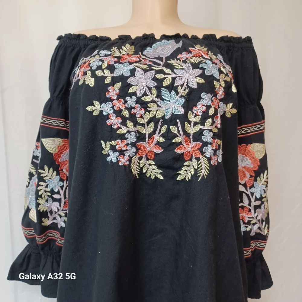 Free People Size XS Embroidered Black Off-Shoulder Dress - Picture 4 of 12
